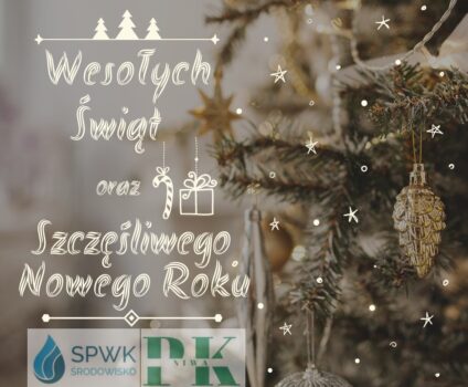 kartka świąteczna - w tle gałązki świerka i napis Wesołych Świąt oraz Szczęśliwego Nowego Roku